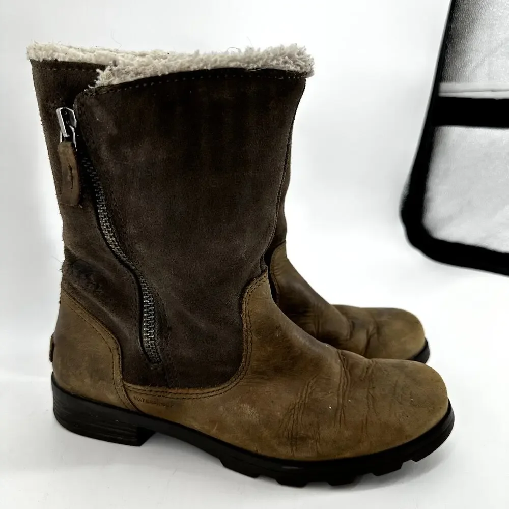 Sorel Emelie Boots Foldover Winter Leather Faux Fur Shearling Waterproof Brown 8